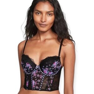Victoria's Secret Dream Angels ribbon slot black floral corset bra
